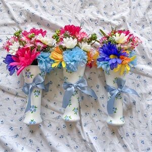 (3) Floral Vases with Colorful Faux Flowers